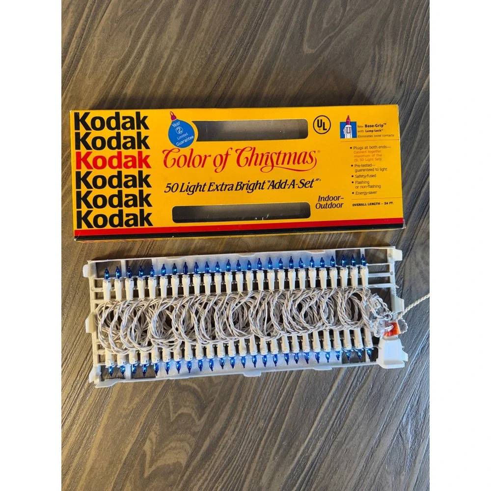 Vintage 1991 Kodak Christmas Lights 50ct Blue White Wire 24ft Add-A-Set Open Box